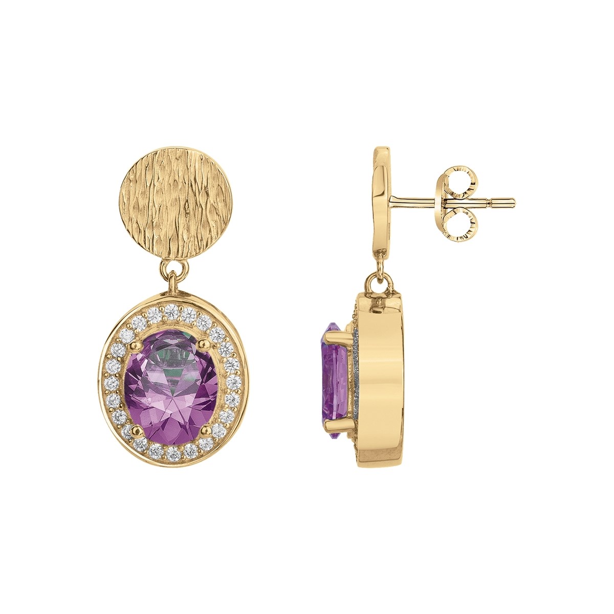 Boucles d'oreilles pendantes VICTORIA en Plaqué Or avec pierre synthétique mauve amethyste