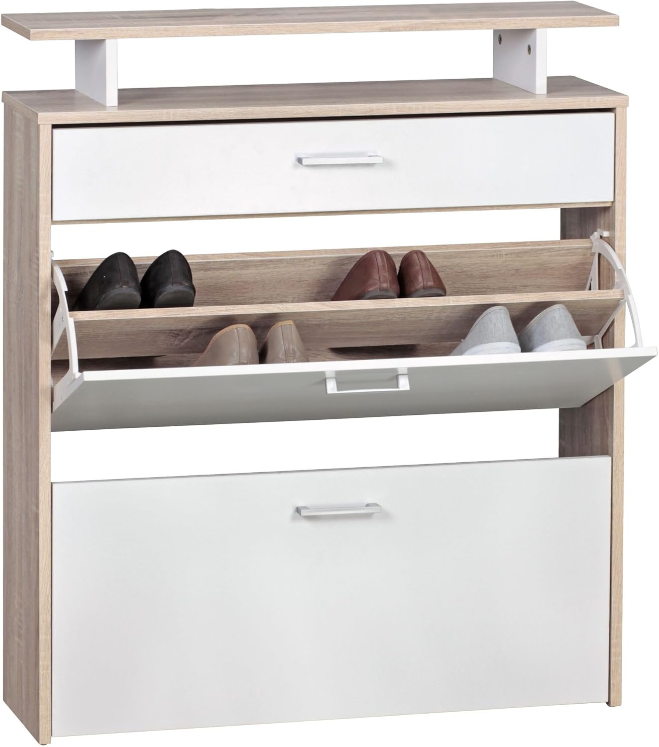 Wohnling Schuhkipper Holz 80x95x24 cm Modern Sonoma Eiche, Design Schuhregal Schuhkipper Schmal, Schuhschrank Schuhaufbewahrung mit Schublade, Flurschrank Schuhablage Regal
