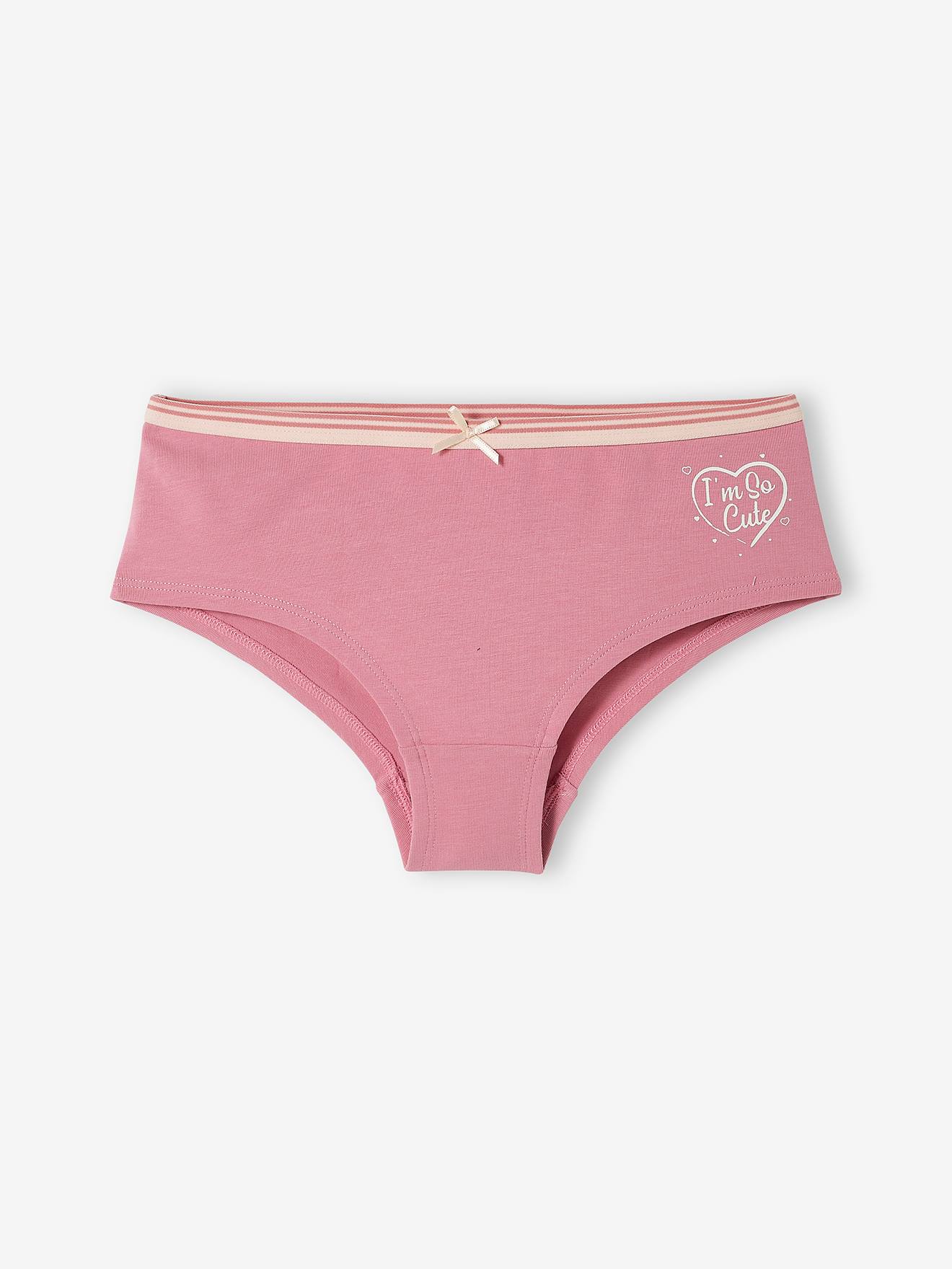Pacote com 5 calcinhas curtas com estampa de corações, rosa claro, para meninas.
