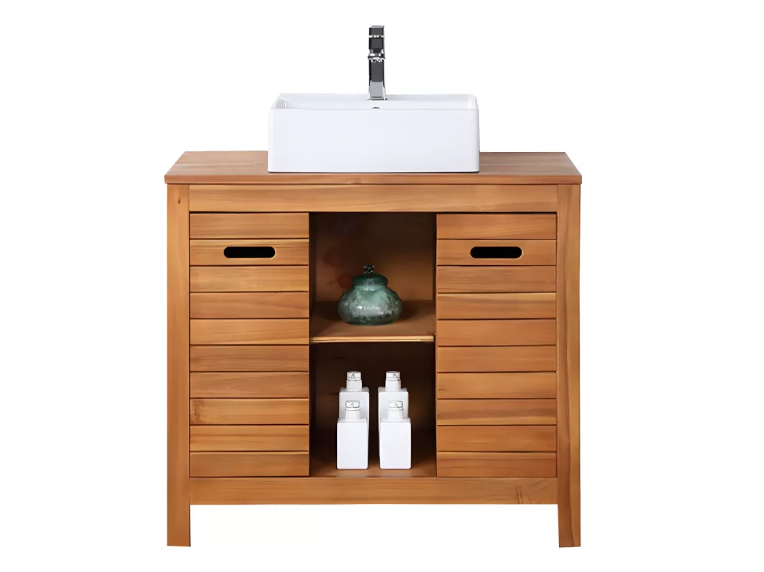 Meuble de salle de bain en bois d'acacia avec simple vasque - 90 cm - PULUKAN