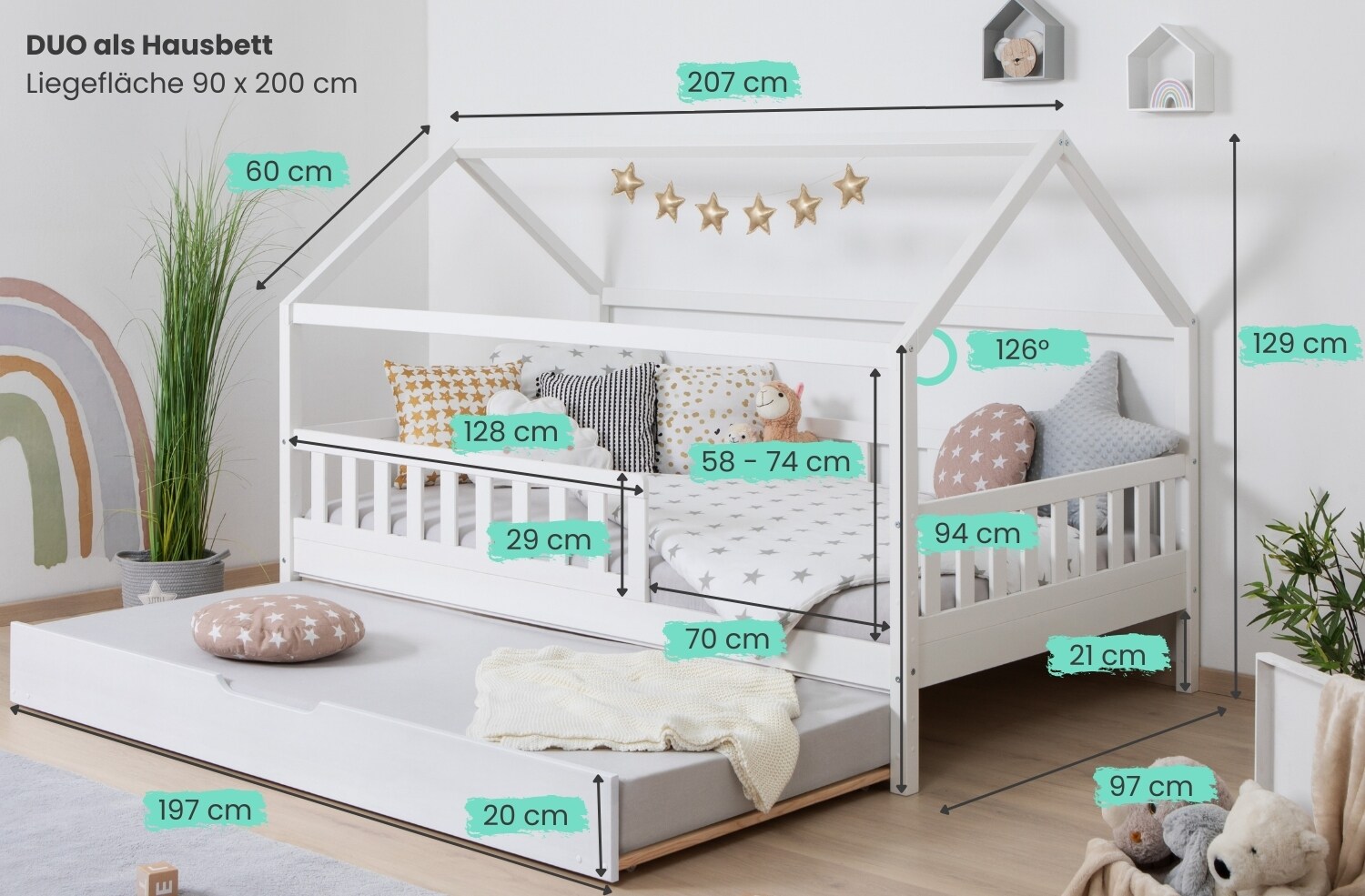 TiCAA 2 in 1 Hausbett Bodenbett wandelbar mit abnehmbaren Dach Duo 90x200, 100x200 cm, 120x200 cm, 140x200 Weiß für Jungen & Mädchen mit Zusatzbett, Rausfallschutz & Rolllattenrost – aus Kiefer Massivholz