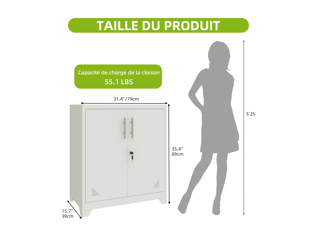 Meuble de Rangement Bureau - Armoire Metallique avec Serrure - Meuble Imprimante avec 2 Etagères Réglables - Blanc - 80 x 40 x 90cm