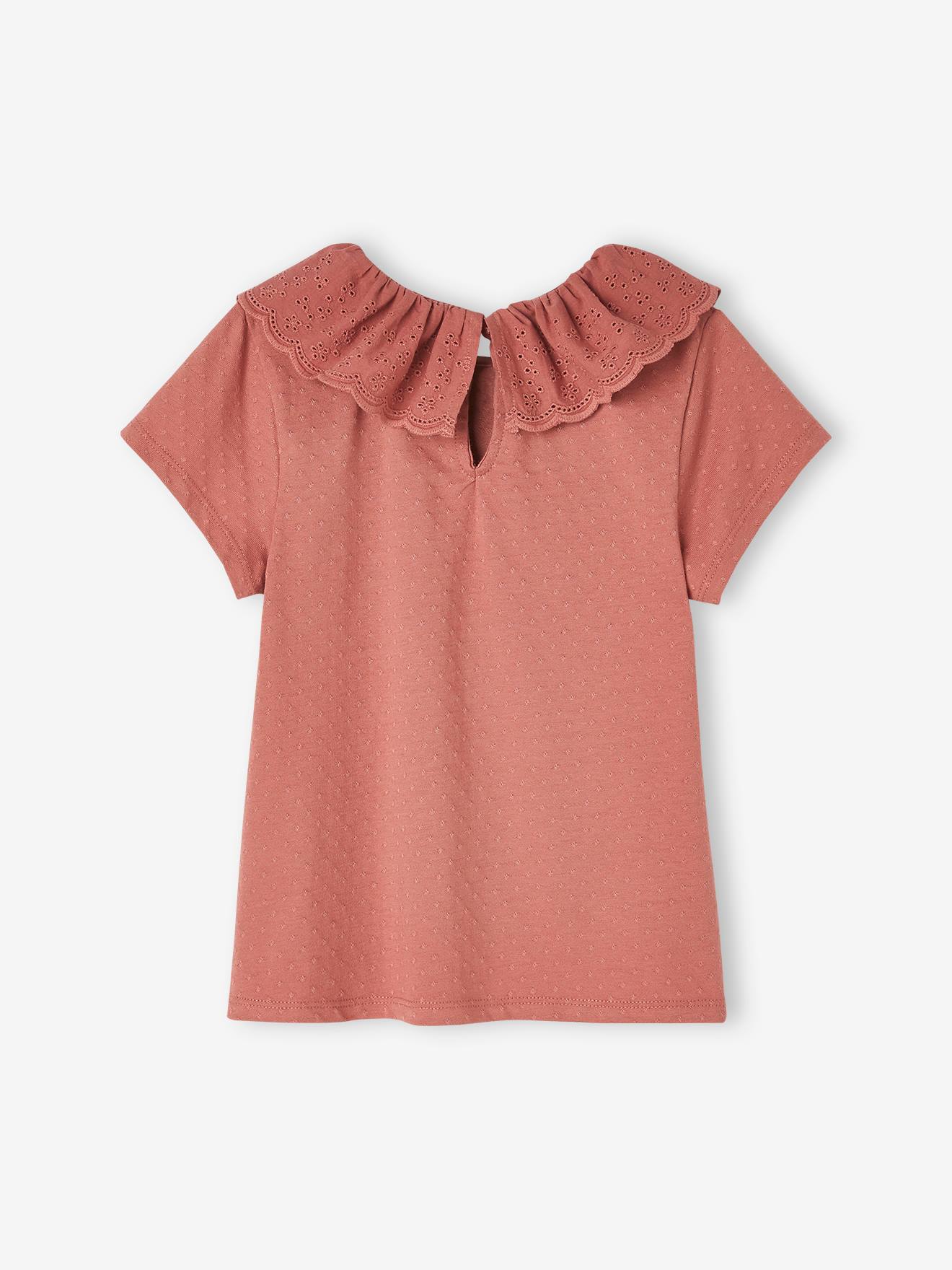 Camiseta off-white com gola bordada em estilo inglês para meninas