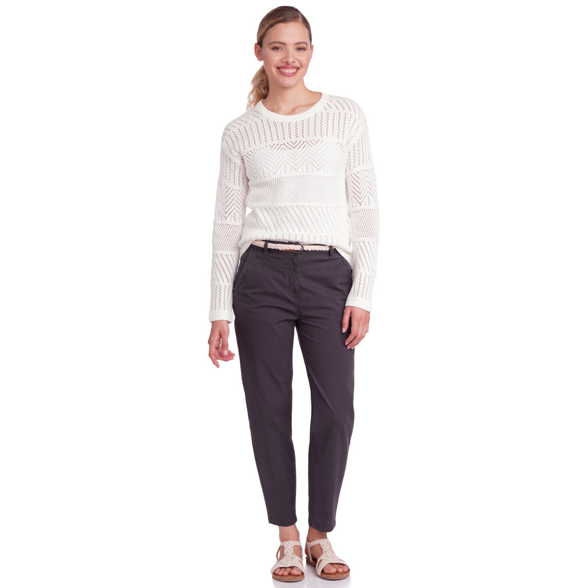 Gina Damen Strickpullover mit Häkel-Muster weiss