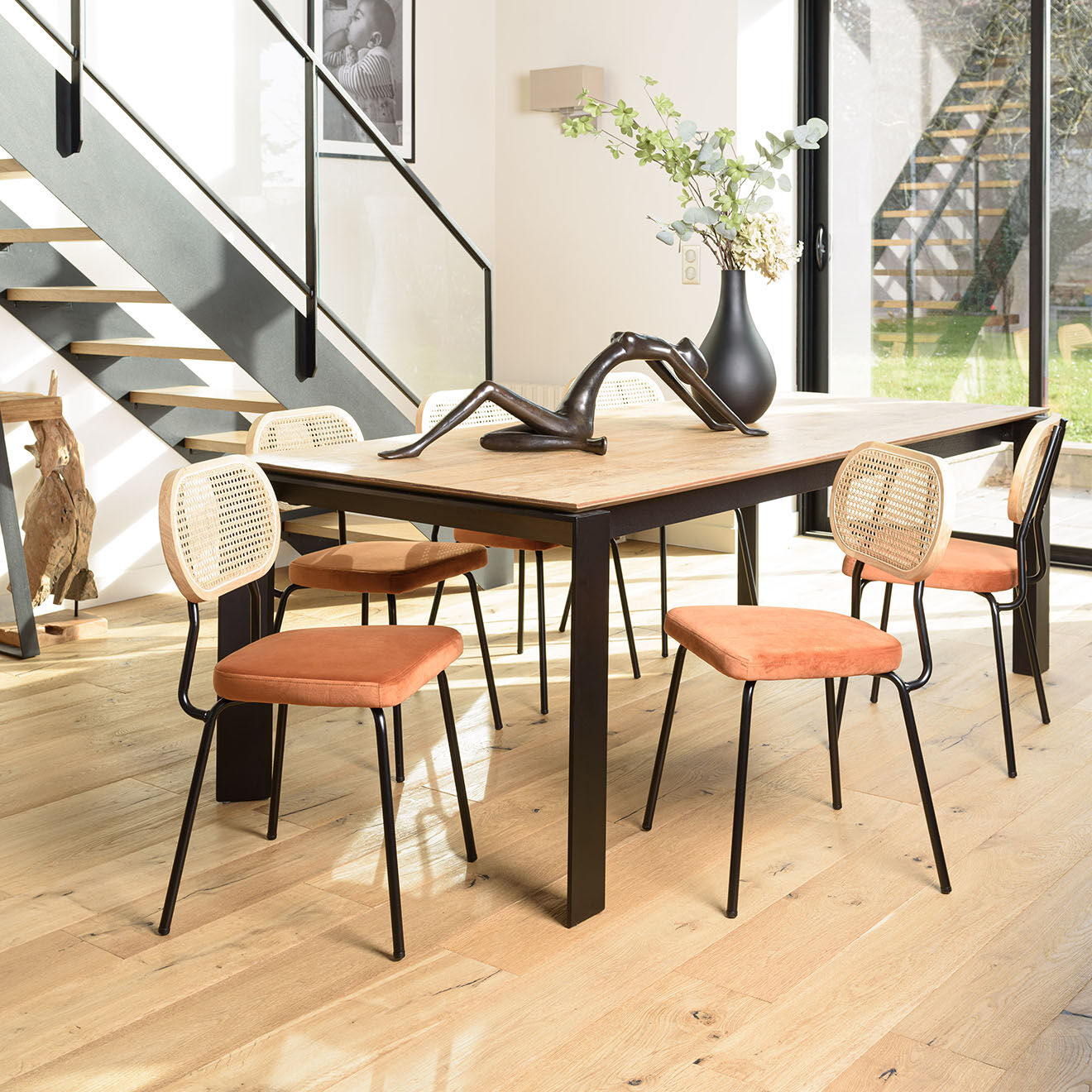 Macabane 2 Chaises velours dossier rotin Albane orange - 48x51x81.5 cm