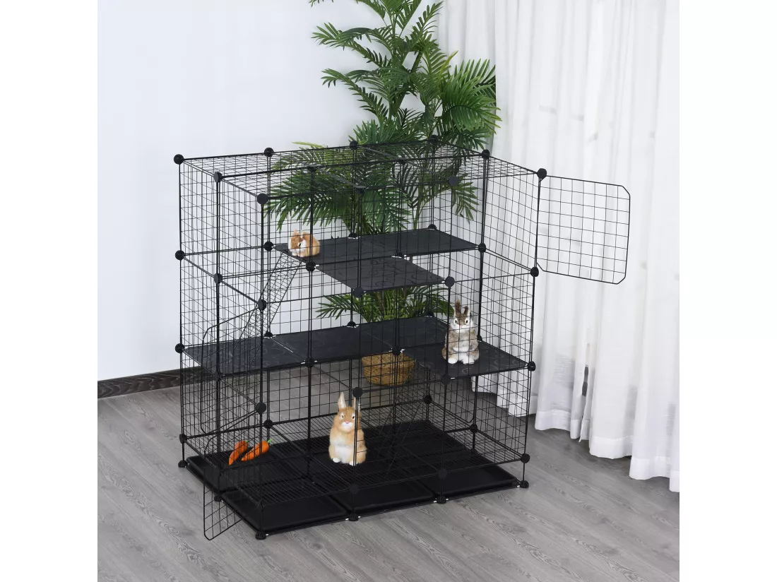 Cage parc enclos rongeurs modulable dim. L 111 x l 75 x H 119 cm 3 niveaux 4 portes fil métallique noir