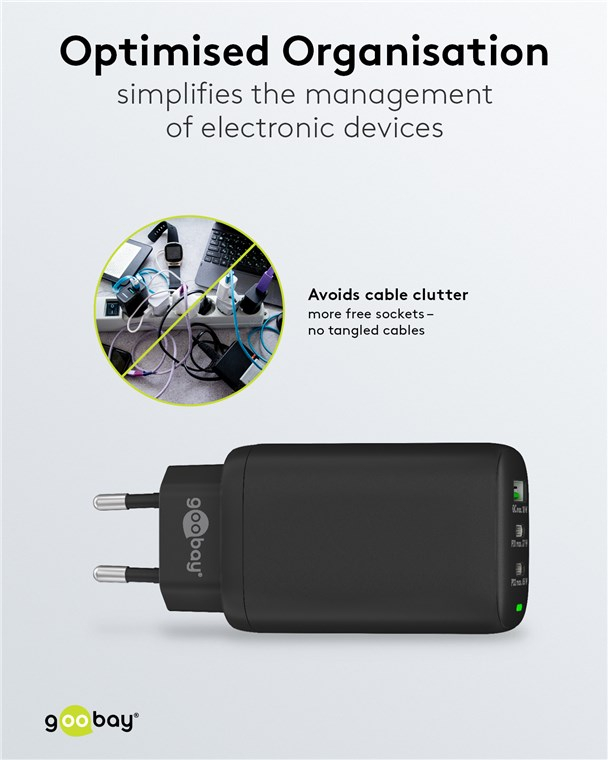 (65W/3A) Dual USB C / USB A GaN Ladegerät Netzteil Power Delivery / Quick Charge 3.0 (61760) - Schwarz