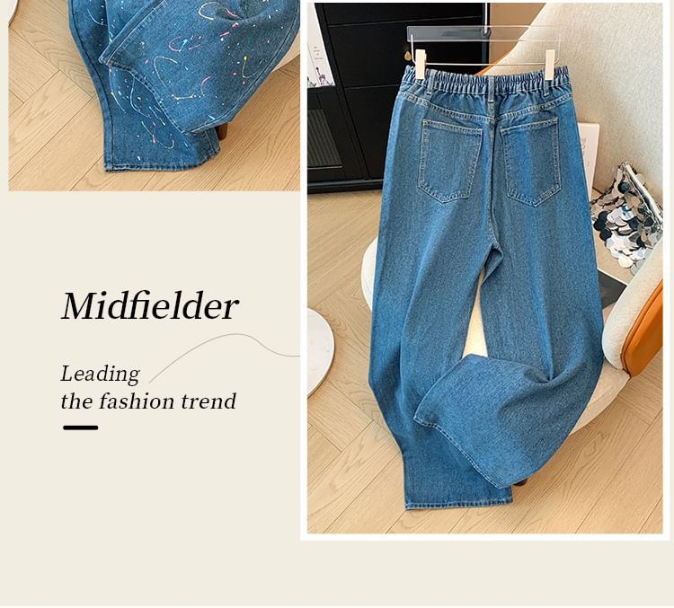 Krezol - Plus Size High Rise Paint Splatter Washed Straight Leg Jeans