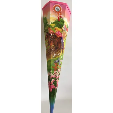 Roth Schultüte 2 Reiterinen im Wettkampf mit Siegerschleife, pinker Tüll und pinke Borte, 85 cm, eckig