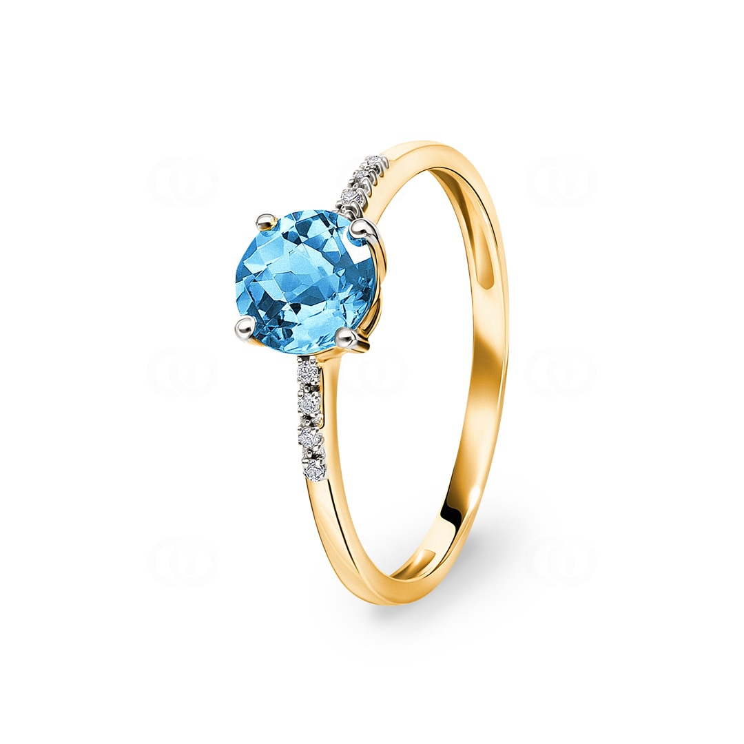 Damenring 750/18 K Gelbgold mit Blautopas rund und Diamanten 0.02 ct H/si
