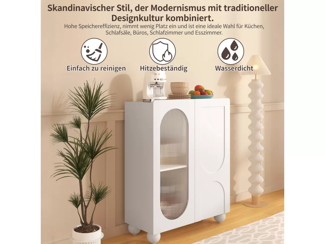 Buffet de cuisine avec 2 portes en verre - 80 x 32.5 x 99 cm - Bois MDF - Etagères réglables - Blanc