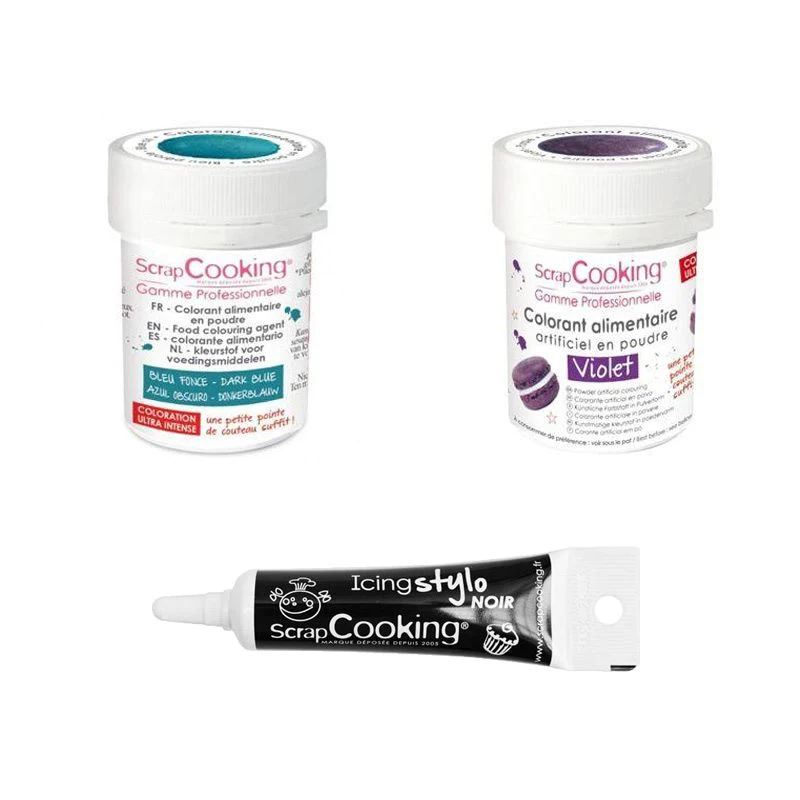 2 colorants alimentaires violet-bleu foncé + Stylo glaçage noir Scrapc
