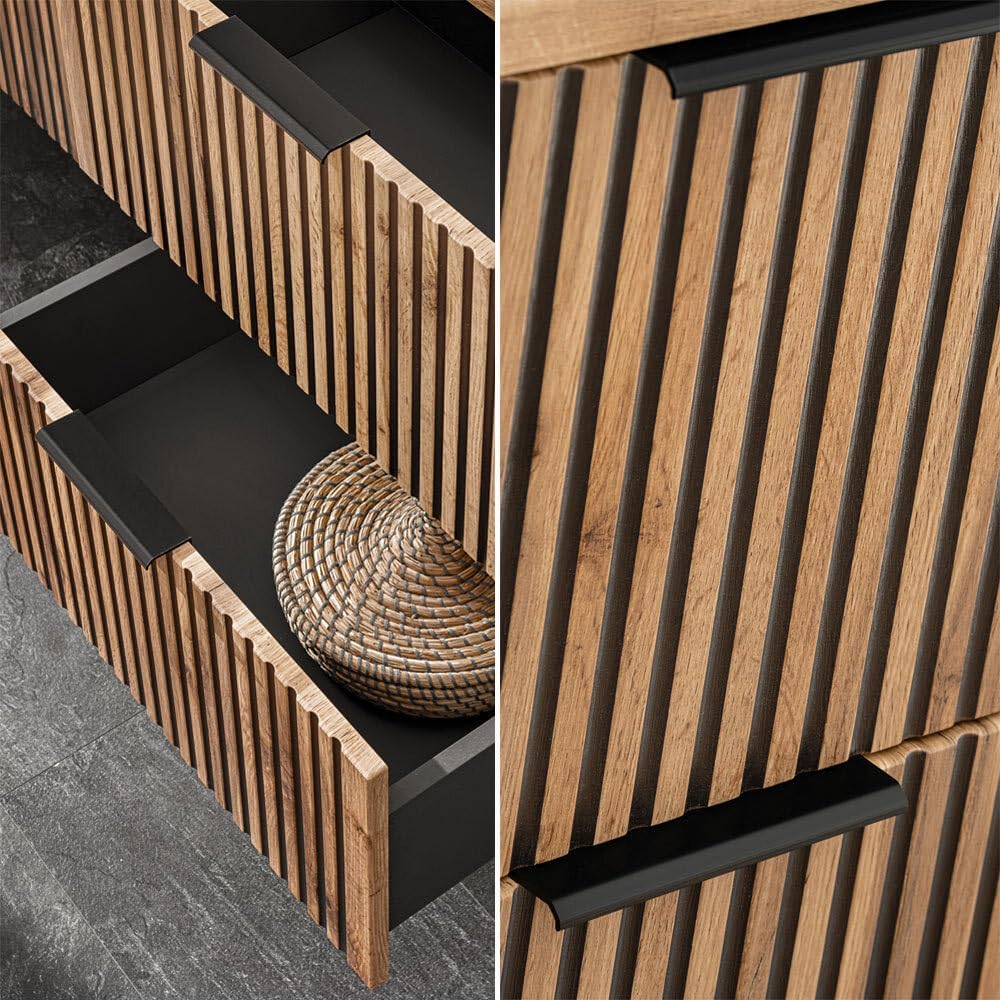 Lomadox Badezimmer Set 3-teilig Waschtisch Unterschrank 80 cm Keramik Waschbecken Spiegel LED Hochschrank anthrazit Wotan Eiche Nb. schwarz Rillen MDF Fronten