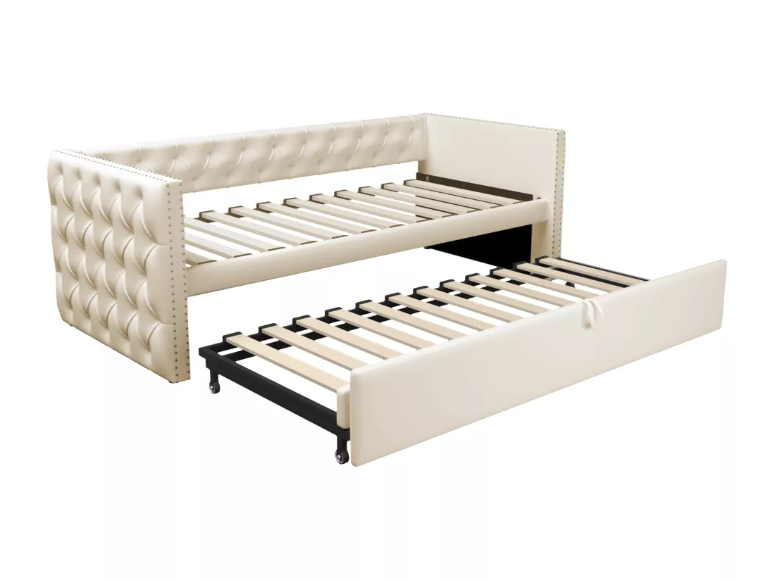 Lit gigogne rembourré en velours - 90/180x200 cm - avec sommier à lattes - Beige