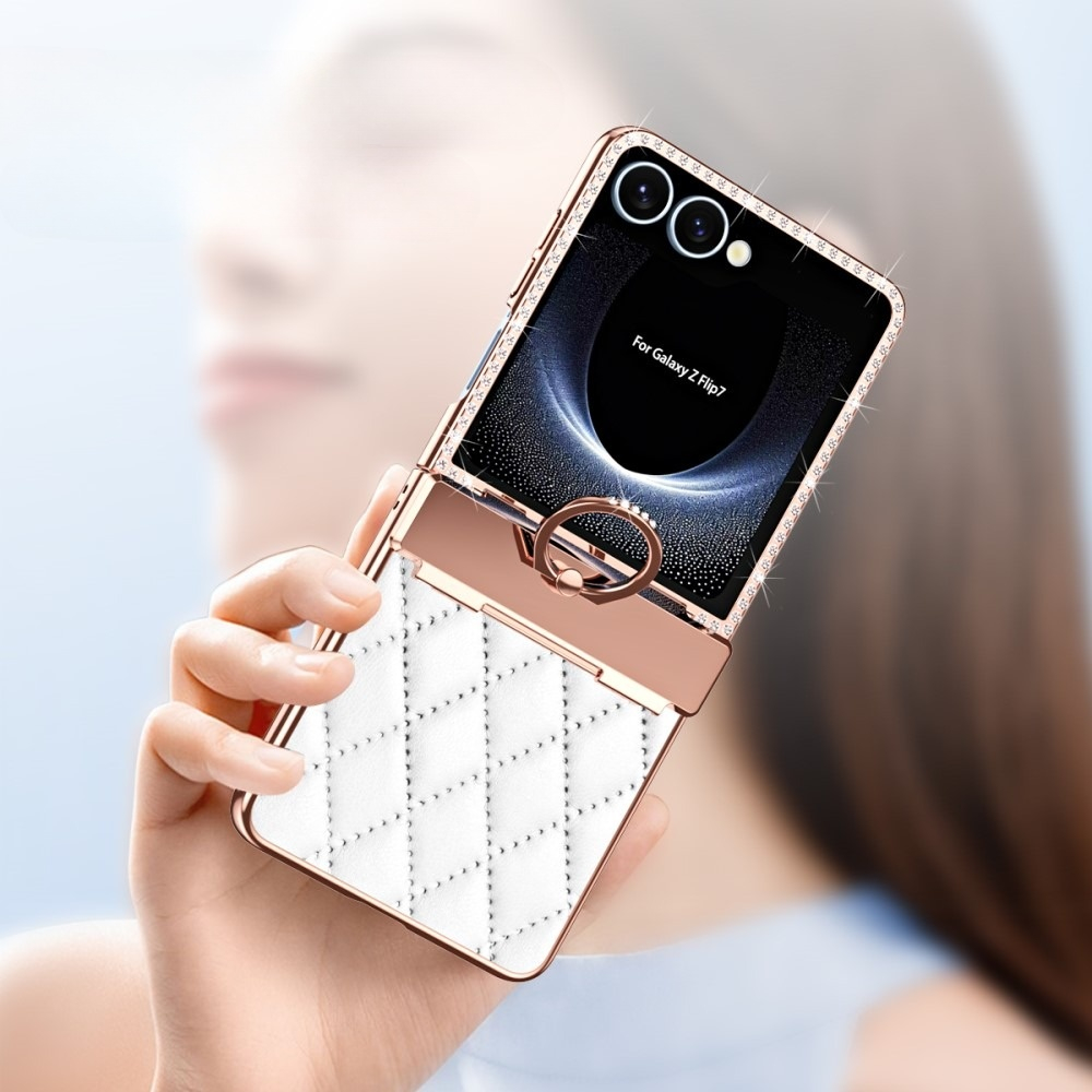 Samsung Galaxy Z Flip7 Hardcase Hülle Finger Griff Ring Halterung Glitzer Design   Scharnier Design - Weiss / Roségold
