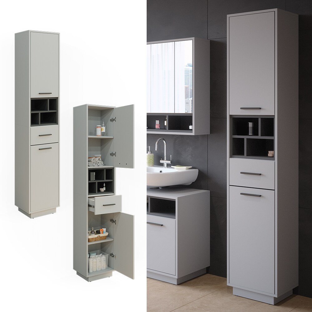 Vicco Hochschrank Badschrank Badezimmermöbel Beatrice Grau Anthrazit modern 38x190 cm Badkommode Badezimmer Schrank Badmöbel Schranktür Schrankfach