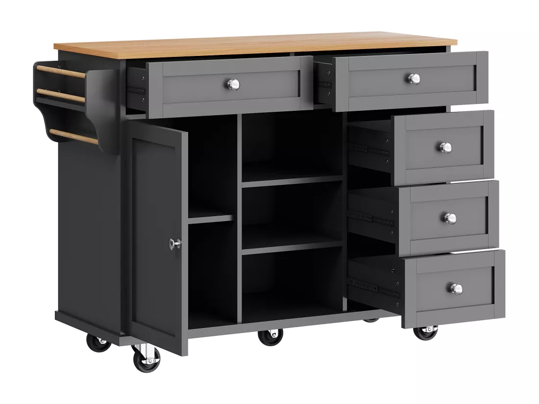 Ilot central de cuisine mobile - 5 tiroirs et 5 compartiments - MDF - Noir