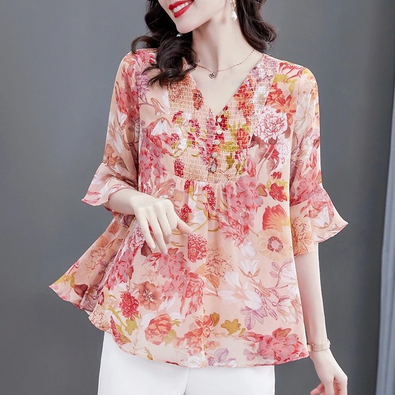 Jeonseon - Blouse met bloemenprint en elleboogmouwen van chiffon