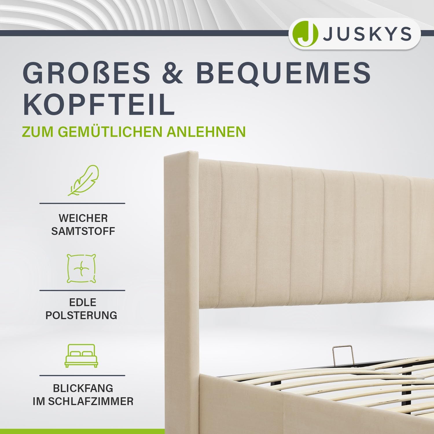 Juskys Polsterbett Savona 120x200 cm, Bett mit Stauraum, Lattenrost, Samt-Bezug, Bettgestell aus Holz, bis 250 kg, großes Kopfteil, Beige