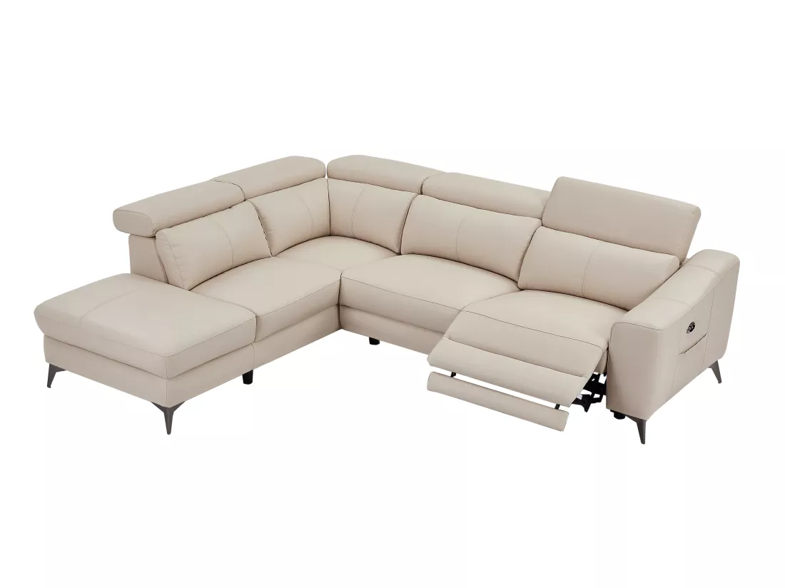 Canapé d'angle gauche relax électrique en cuir crème FORLO