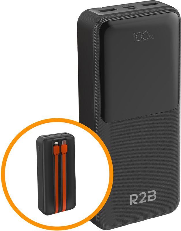 R2B - Powerbank - 20.000 mAh - Ingebouwde Kabels - Snelladen - Betrouwbaar en Compact