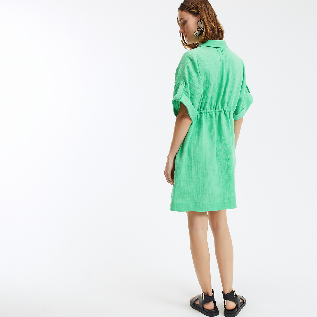 COLEÇÃO LA REDOUTE<br>Vestido camisa curto e evasê com mangas curtas