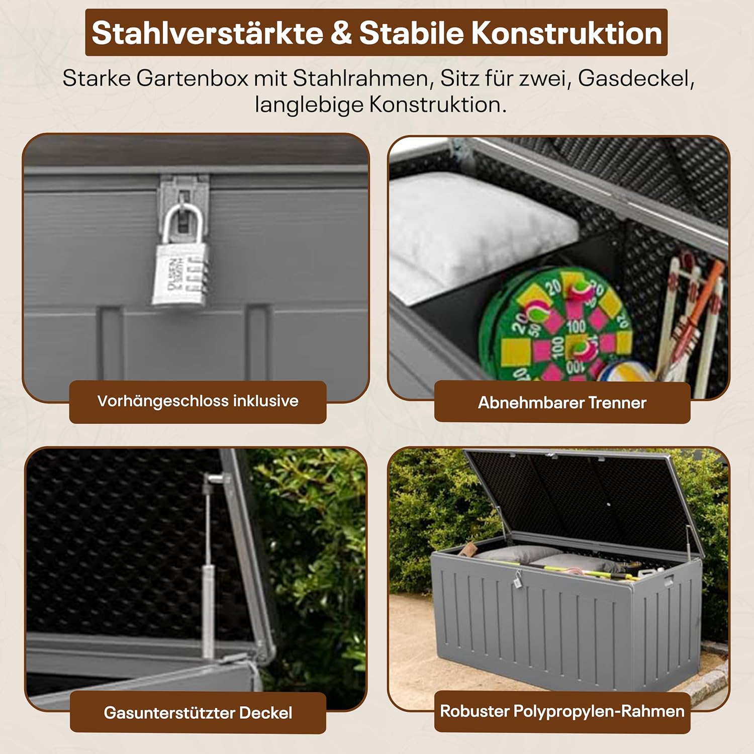 Olsen & Smith Gartenbox 830L | Wasserdicht & Wetterfest Abschließbare Polypropylene Aufbewahrungsbox aus | Große Gartentruhe für Garten, Balkon & Terrasse | Robust, Geräumig & Pflegeleicht–Anthrazit