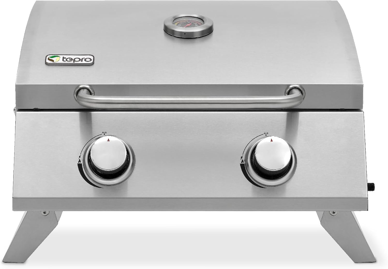 tepro Tischgasgrill Chicago, 2 Brenner mit je ca. 3 kW Leistung, Piezozündung, Thermometer, Maße ca. 54 x 45,5 x 36 cm, Silber