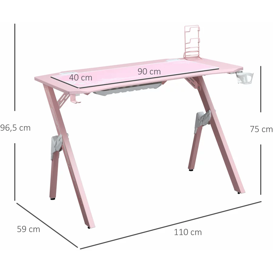 HOMCOM Gaming Tisch Mit Kopfhörerhaken, Getränkehalterung und Controllerhalter rosa