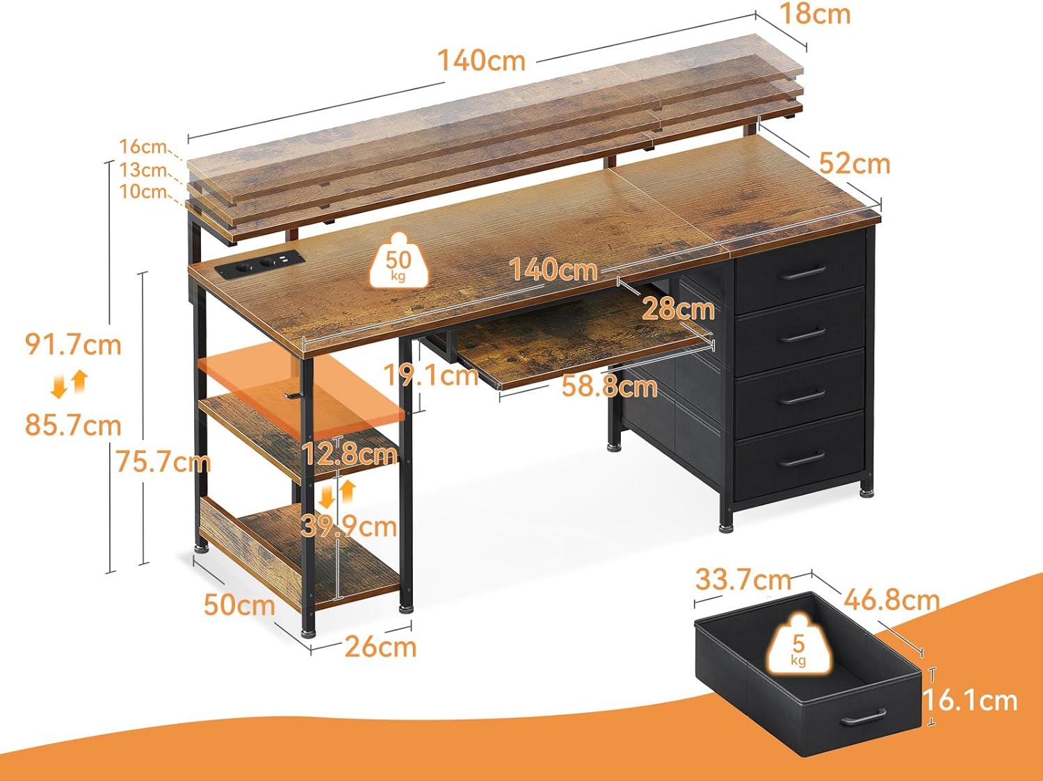ODK Schreibtisch mit 4 Schubladen, Computertisch mit 2 Steckdosen und 2 USB Ladeanschluss, PC Tisch mit Regal, Gaming Tisch mit Tastaturablage fürs Büro, Wohnzimmer (Braun, 140x52x92cm)