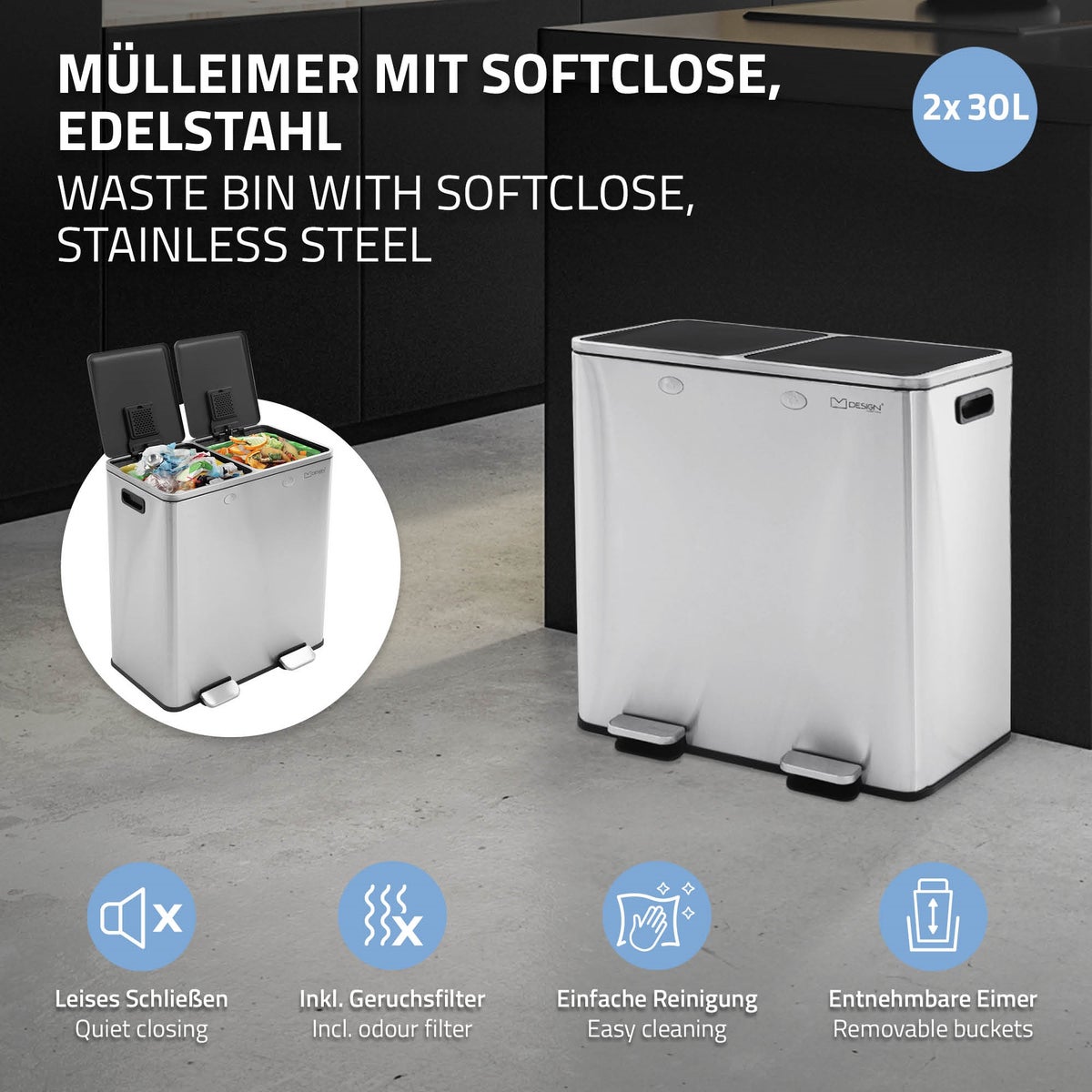 ML-Design Keuken Prullenbak 2x30L (60L), Zilver, 2-compartimenten afvalscheidingssysteem, Pedaalemmer voor afvalscheiding, RVS-bak, Uitneembare kunststof binnenemmer, Scharnierend deksel, Soft Close, Luchtdicht