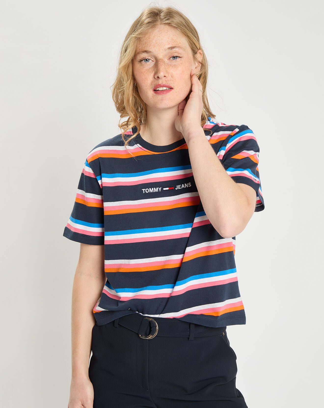 Tommy Jeans T-Shirt 100% Coton Bio Crop Stripe multicolore