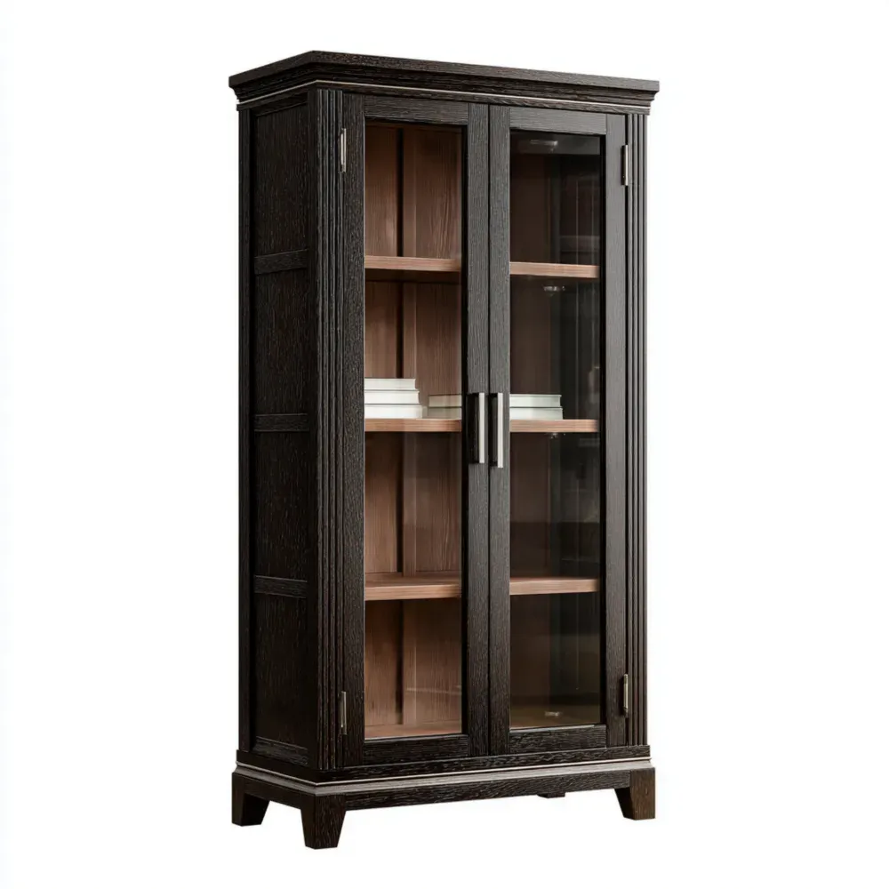 Vitrine Holzglas Schrank 100x40x180 cm - Dunkelbraun - Klassisches Design