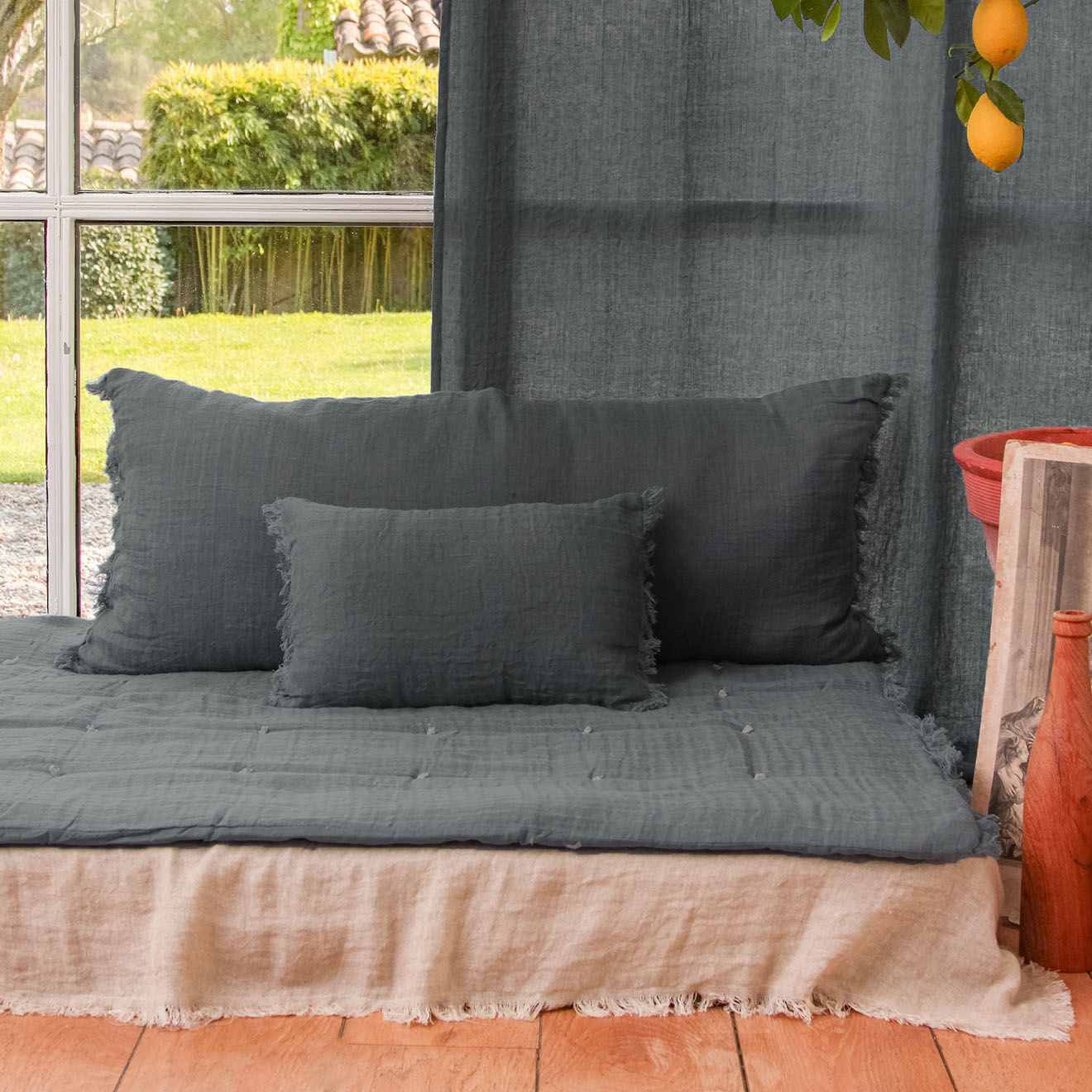 En Fil d'Indienne Housse de coussin Étamine anthracite - 45x100 cm