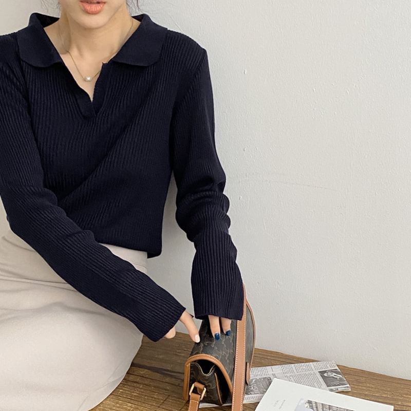 ANORA - Poloshirt met lange mouwen en open knoopsluiting, effen geribbeld breisel