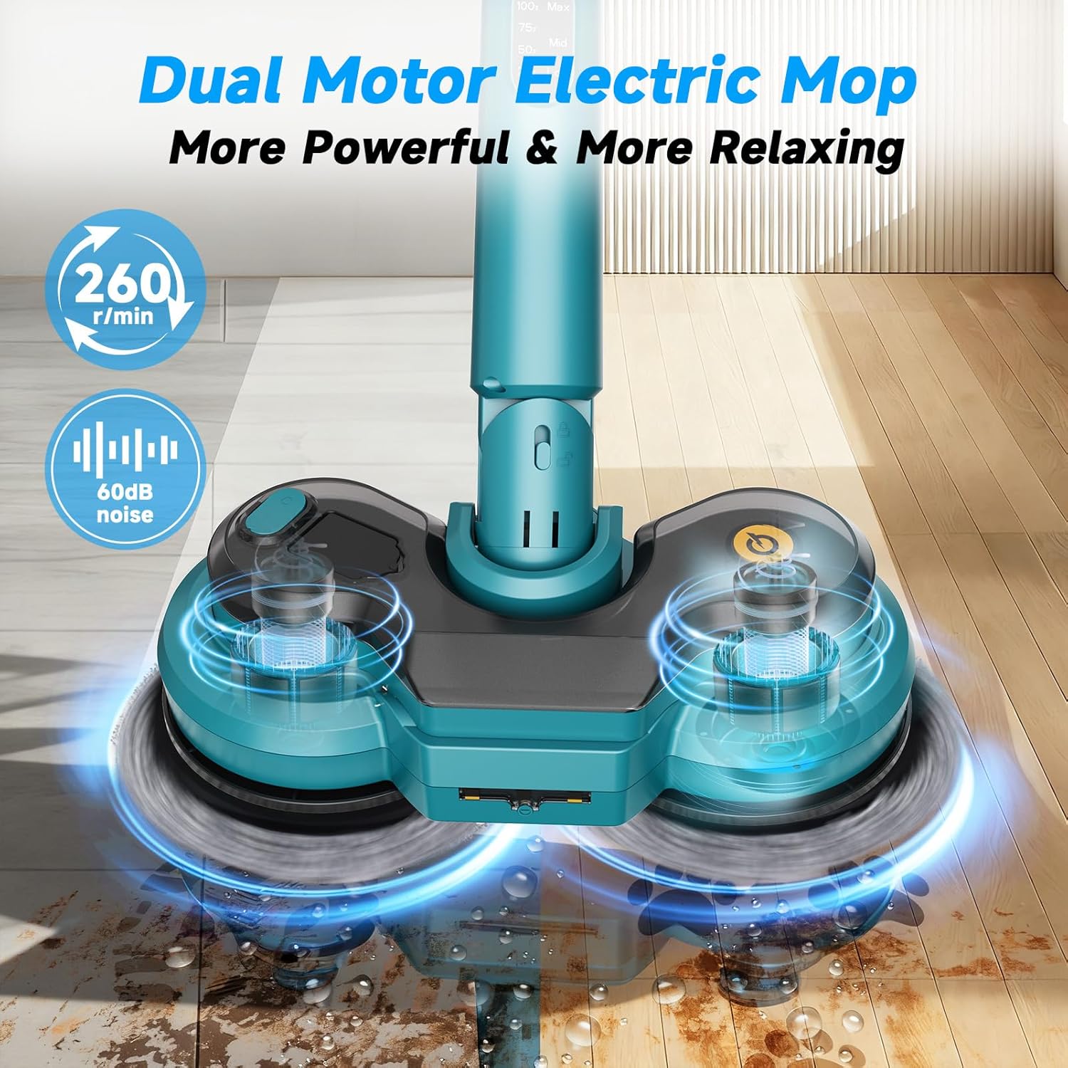 Kabellos Elektrischer Mopp mit 2x2000 mAh Akkus,Elektrischer Wischmopp mit Sprühfunktion/LED Beleuchtung/Smart Display,Wischmopp Poliermaschine mit 300 ML Wassertank,4Pads für Verschiedene Bodenbeläge