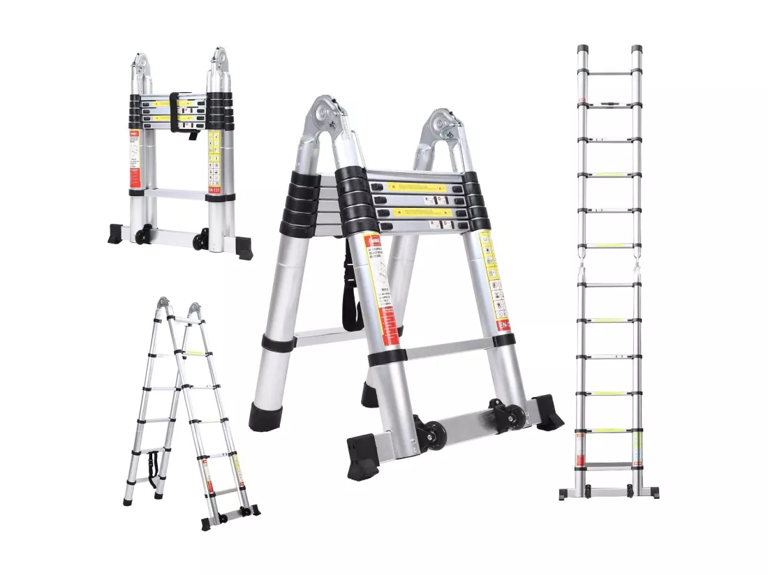 Échelle télescopique, Hauteur 0,88m à 3,8 m, échelle pliante extensible en aluminium, avec pieds antidérapants, charge maximale 150kg