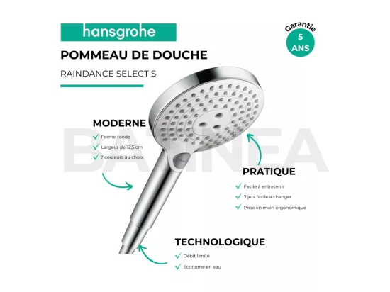 Pommeau de douche HANSGROHE Raindance Select S EcoSmart 120 3 jets blanc/chromé + flexible de douche HANSGROHE Designflex 160 cm chromé