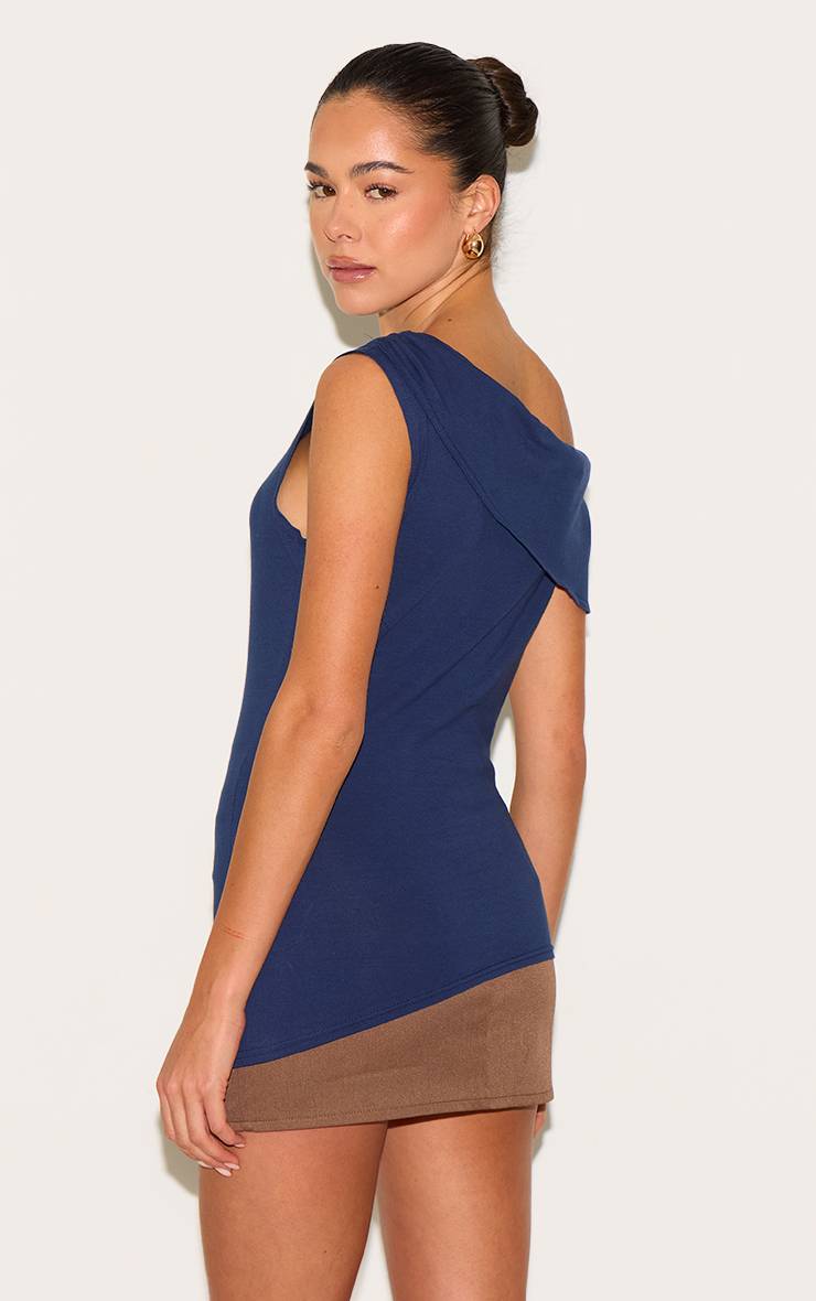 Bleu Marine Haut Long En Coton Asymétrique Avec Détail Plié Sur L'épaule