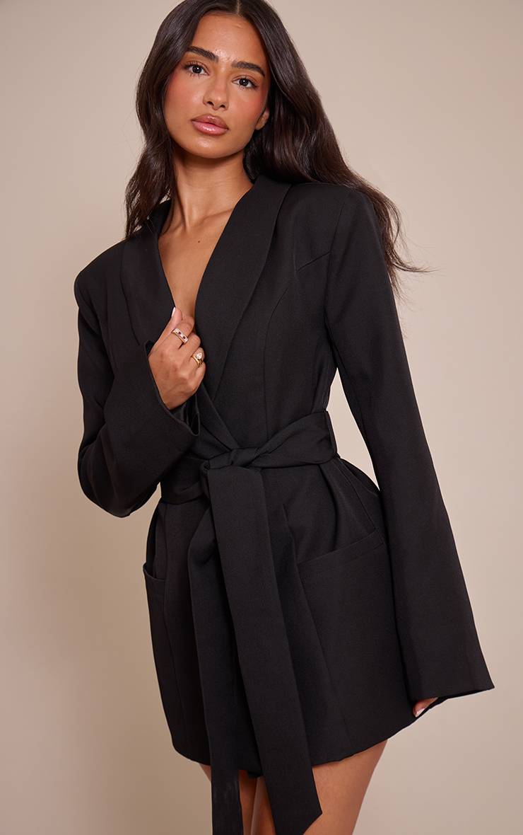 Noir Robe Blazer Cintrée Petite Taille Avec Ceinture À Nouer