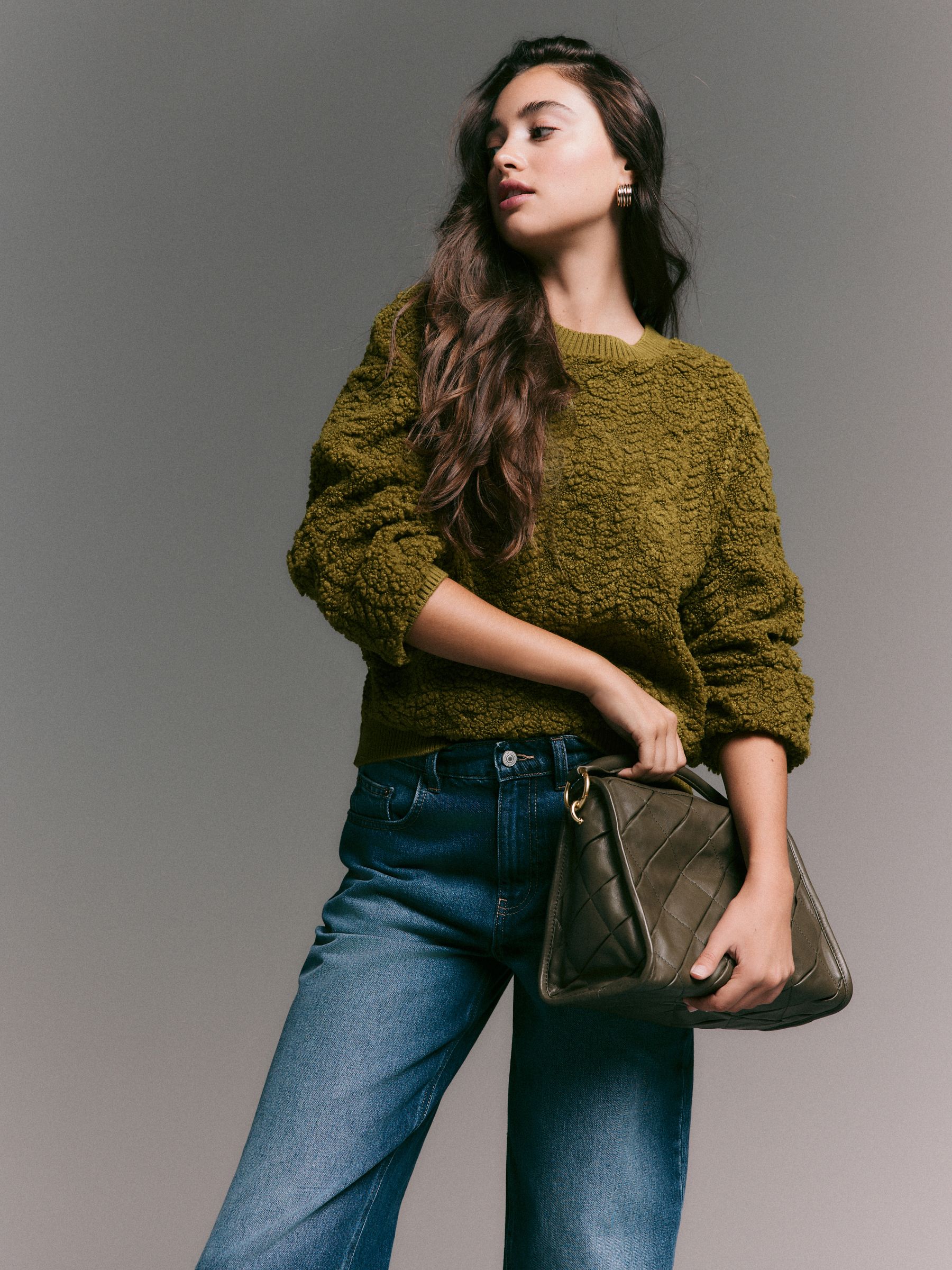 Olijfgroen - Fluffy Soft Borg Cable Long Sleeve Crew Neck Sweatshirt