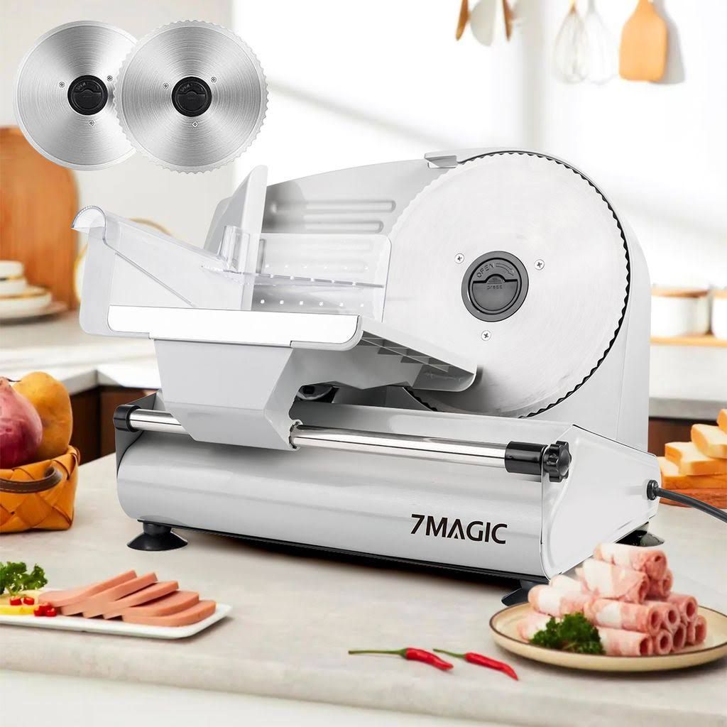 7MAGIC Allesschneider Elektrisch mit 2 Klingen, 15mm Einstellbare Schnittstärke Heimgebrauch Aufschnittmaschine für Fleisch Käse Gemüse, 200W, ...
