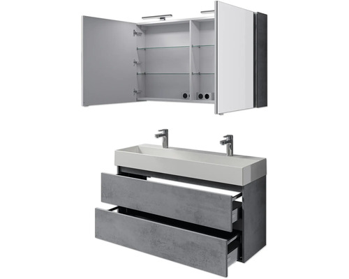 5-delige badkamermeubelset en meer Pelipal Torino BxHxD 121 x 200 x 40 cm Frontkleur oxide donkergrijs met keramische wastafel wit en keramische dubbele wastafel Onderkast Spiegelkast met LED-verlichting Set-125-054