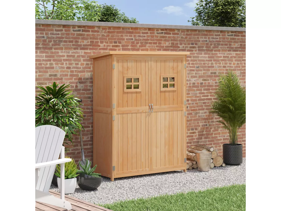 Abri de jardin armoire de jardin remise pour outils sur pied dim. 128L x 50l x 164H cm 2 étagères 2 portes 2 fenêtres toit bitumé étanche bois massif sapin pré-huilé