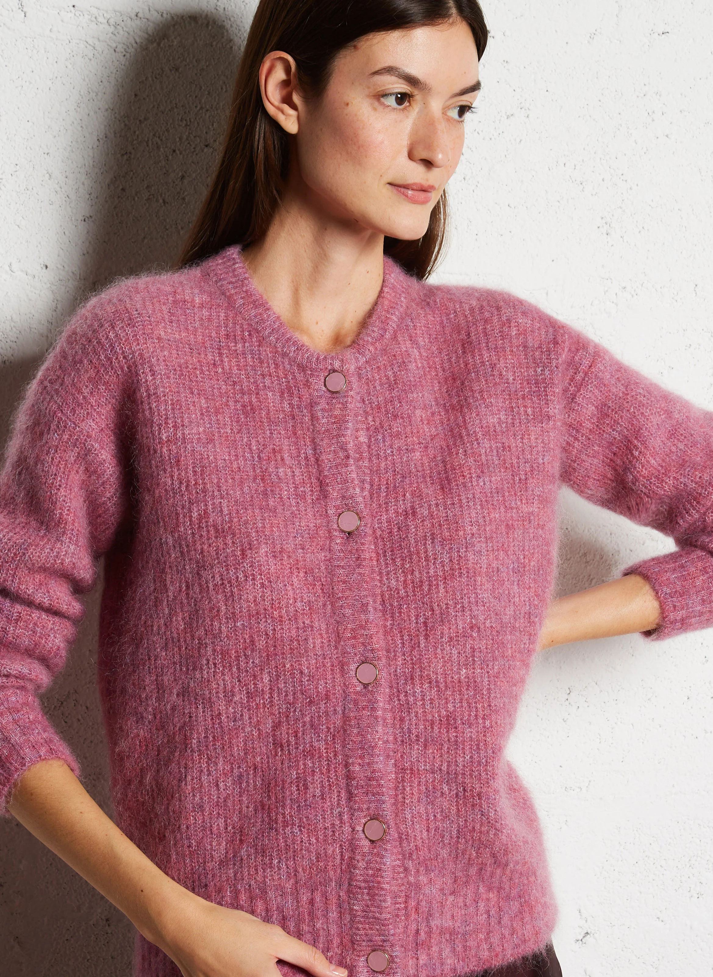 LOU BIS - Cardigan col rond droit en mohair et alpaga mélangé | Rose