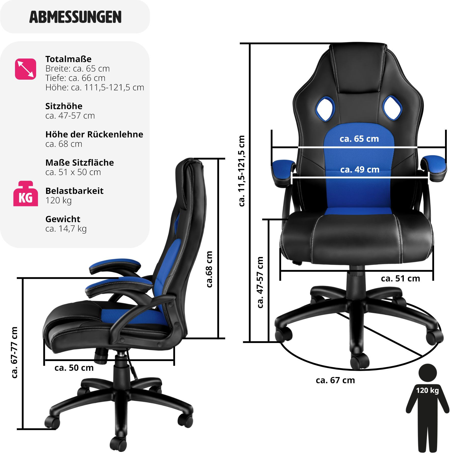 tectake® Bürostuhl, ergonomische Form, Kunstlederbezug mit Mesh-Gewebe, Belastbarkeit 120 kg