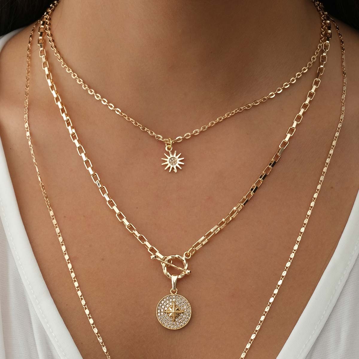 Collier multiple  - Laiton plaqué or & zircons