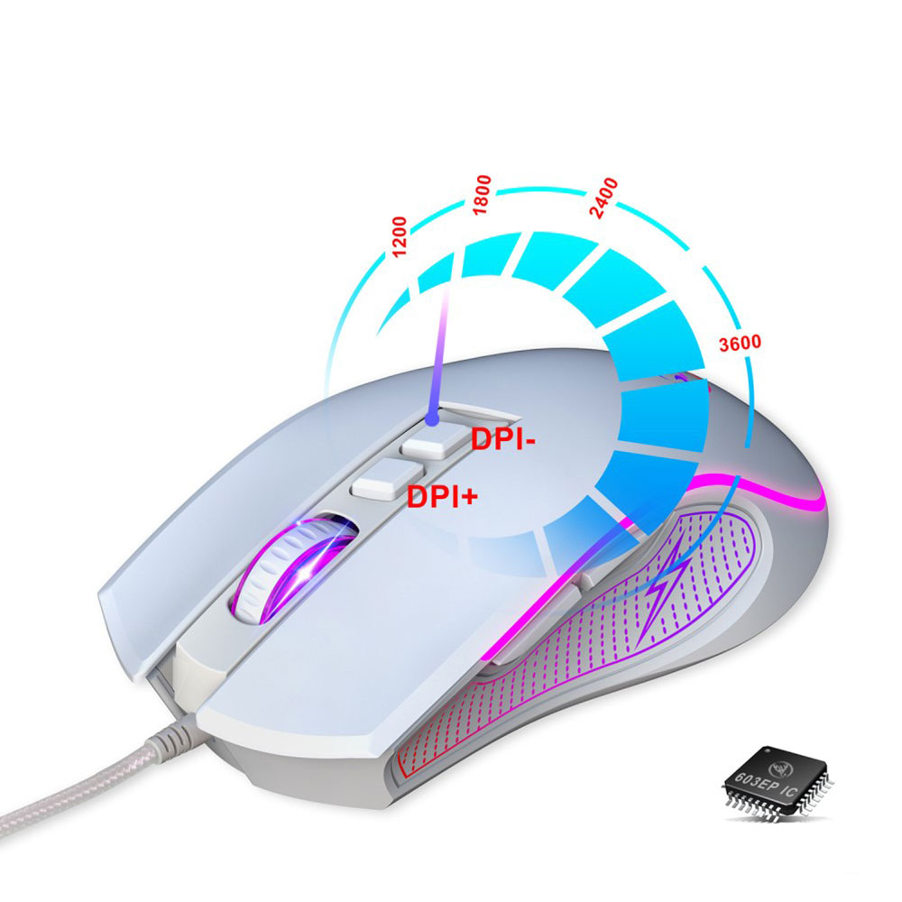 Optische kabelgebundene USB Gaming Maus 3600 DPI mit RGB Beleuchtung und 7 Tasten - Weiss