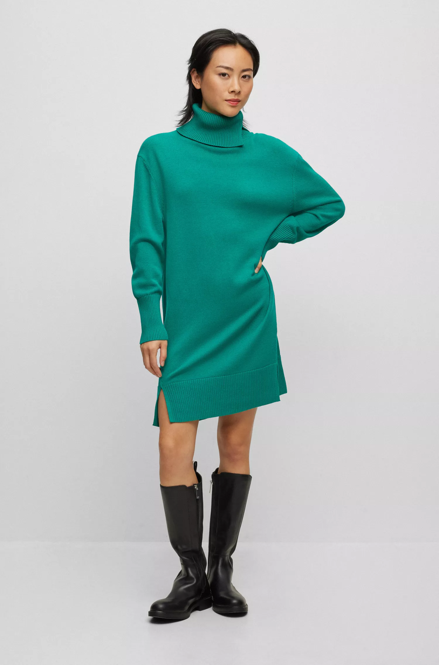 Vestido BOSS laranja de gola alta em algodão e lã virgem.