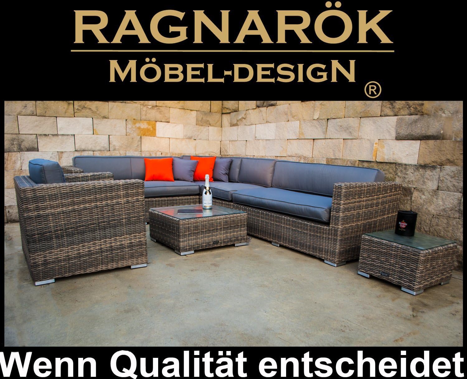 Ragnarök-Möbeldesign PolyRattan Lounge - Deutscher Hersteller - 8 Jahre GARANTIE - Gartenmöbel Sitzgruppe Tisch Aluminium Rostfrei auch Seitenverkehrt stellbar Sessel Rattan Natur Polster Grau